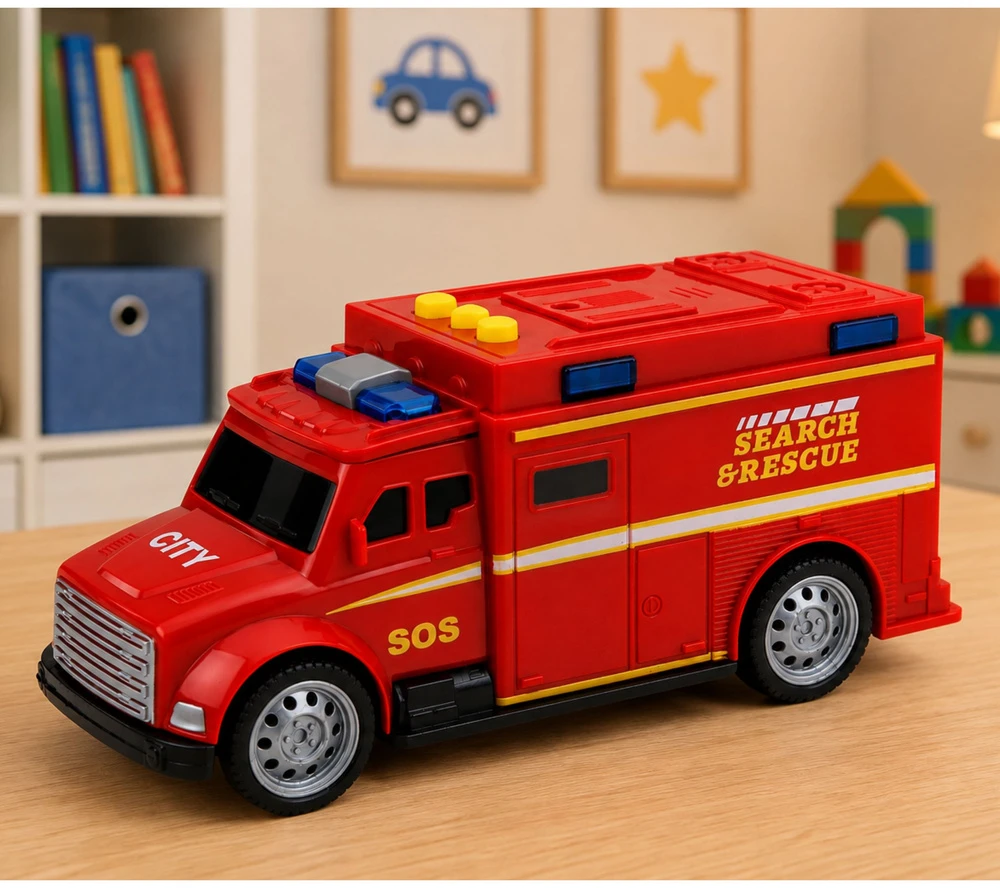 Lean Toys Gelbėjimo automobilis su šviesos ir garso efektais, raudonas, 15,5 × 7 × 5 cm