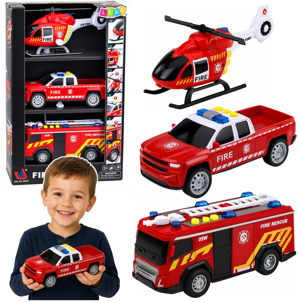 Lean Toys Gelbėjimo transporto priemonių rinkinys su šviesos ir garso efektais, raudonas, 3 vnt.