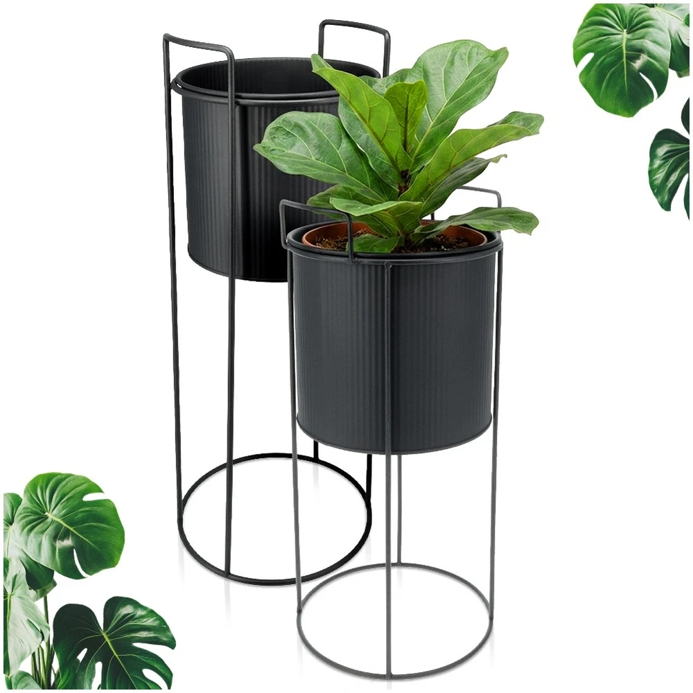 Home Styling Collection Gėlių stovai su išimamais vazonais, juodi, 20,5 × 20,5 × 50,5 cm ir 18,5 × 18,5 × 39,5 cm, 2 vnt.