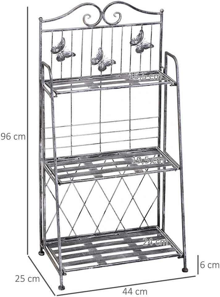 Outsunny augalų stovas, metalinis 3 pakopų gėlių stovas, gėlių laiptai sodui, pilkas, 44x25x96 cm