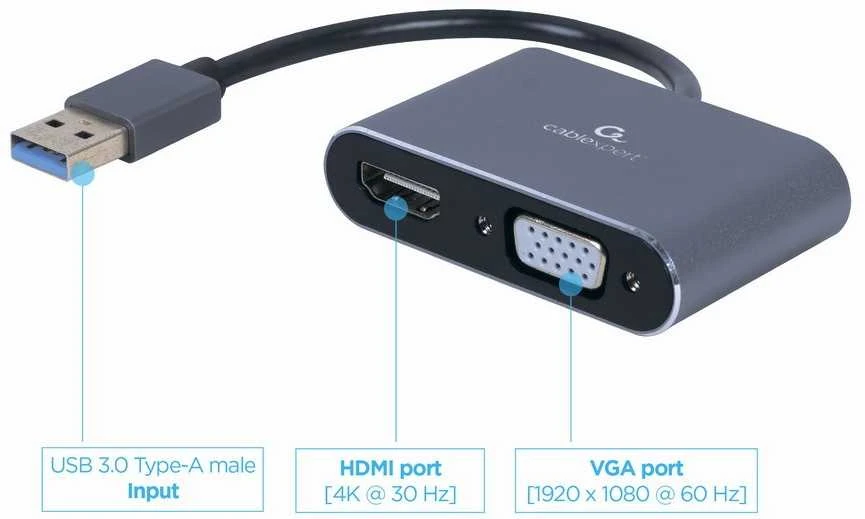 Gembird Cablexpert | USB ekrano adapteriai | A-USB3-HDMIVGA-01 | USB 3.0 A tipo | 0,15 m