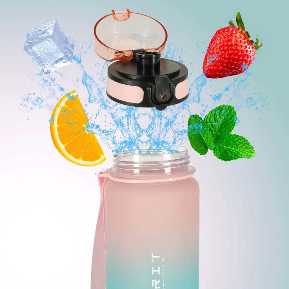 Buteliukas na wodę bidon ze słomką laikikliu sportowy 600ml rožinė-mėlyna