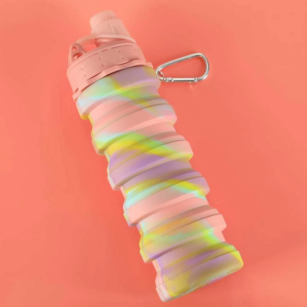 Vandens buteliai silikoninis sulankstomas butelis su laikikliu sportui 500ml vaivorykštės spalvos