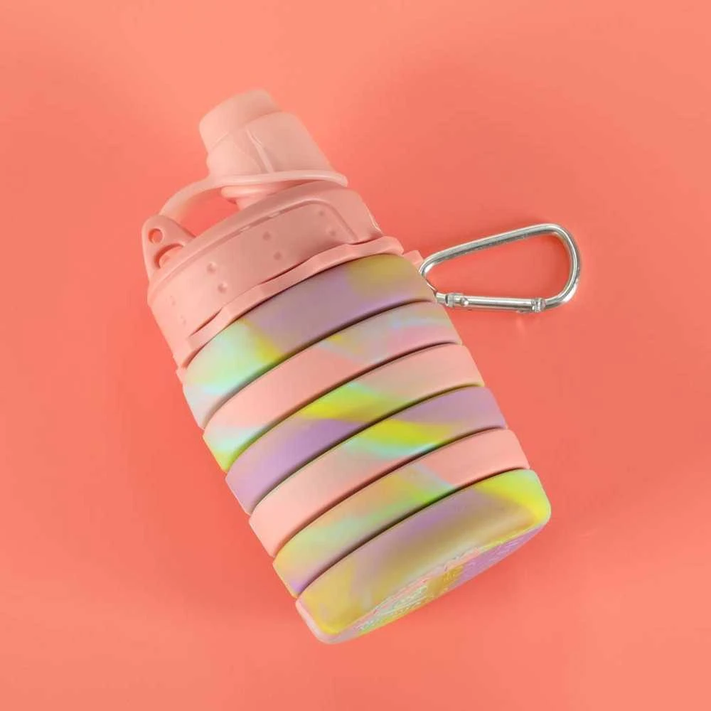 Vandens buteliai silikoninis sulankstomas butelis su laikikliu sportui 500ml vaivorykštės spalvos
