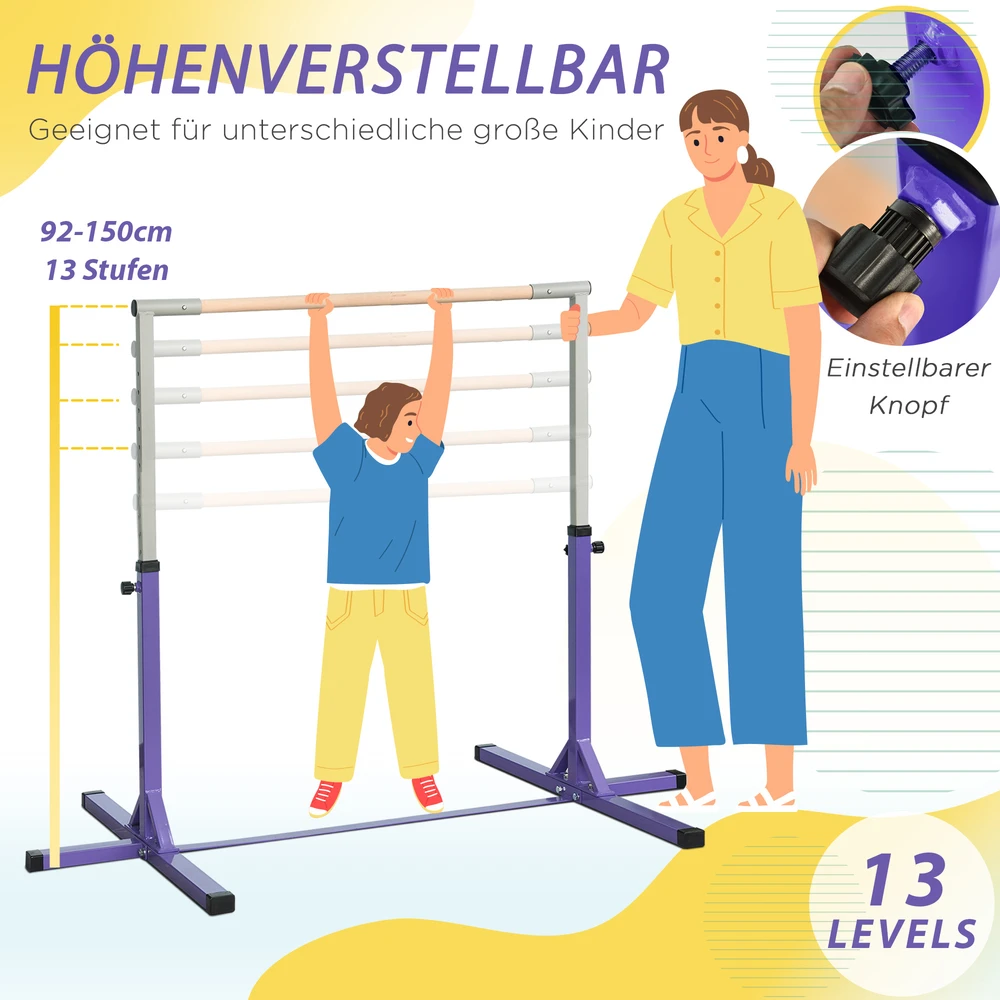 HOMCOM gimnastikos horizontalusis strypas, 13 pakopų reguliuojamo aukščio horizontalusis strypas, horizontalusis strypas pagamintas iš medžio ir tvirtos plieninės konstrukcijos, apkrova iki 75 kg, skirtas 3+ vaikams, skirtas patalpoms, lauke, violetinės spalvos
