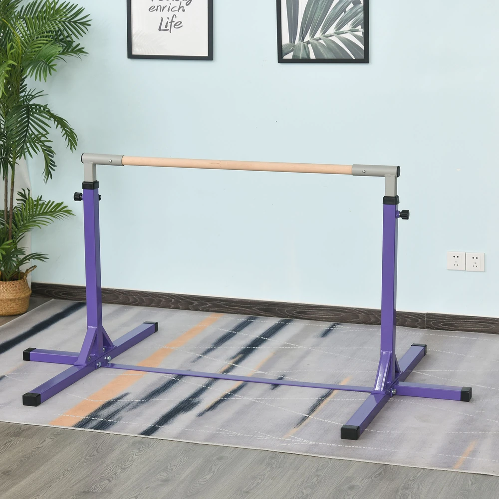 HOMCOM gimnastikos horizontalusis strypas, 13 pakopų reguliuojamo aukščio horizontalusis strypas, horizontalusis strypas pagamintas iš medžio ir tvirtos plieninės konstrukcijos, apkrova iki 75 kg, skirtas 3+ vaikams, skirtas patalpoms, lauke, violetinės spalvos