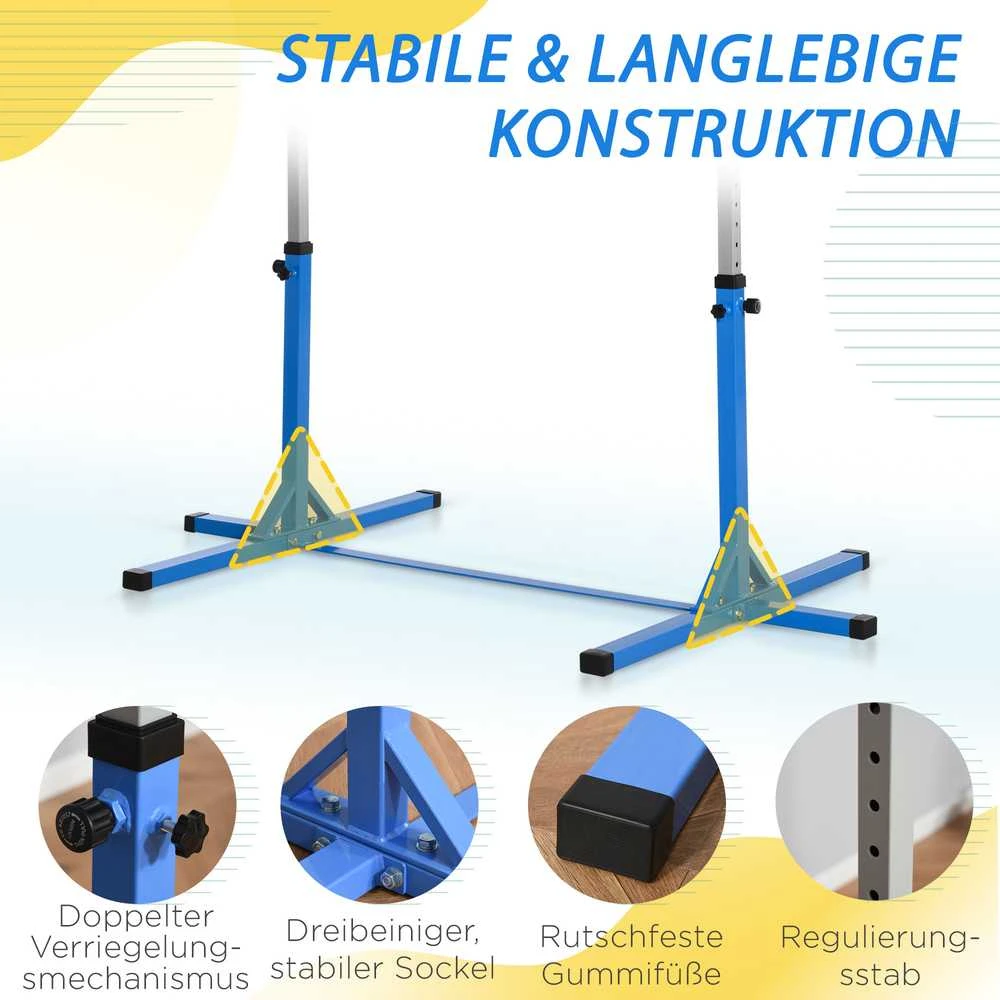HOMCOM reguliuojamo aukščio gimnastikos skersinis, 13 lygių, iki 75 kg apkrova, plienas ir bukmedis, mėlynas, skirtas gimnastikai ir treniruotėms