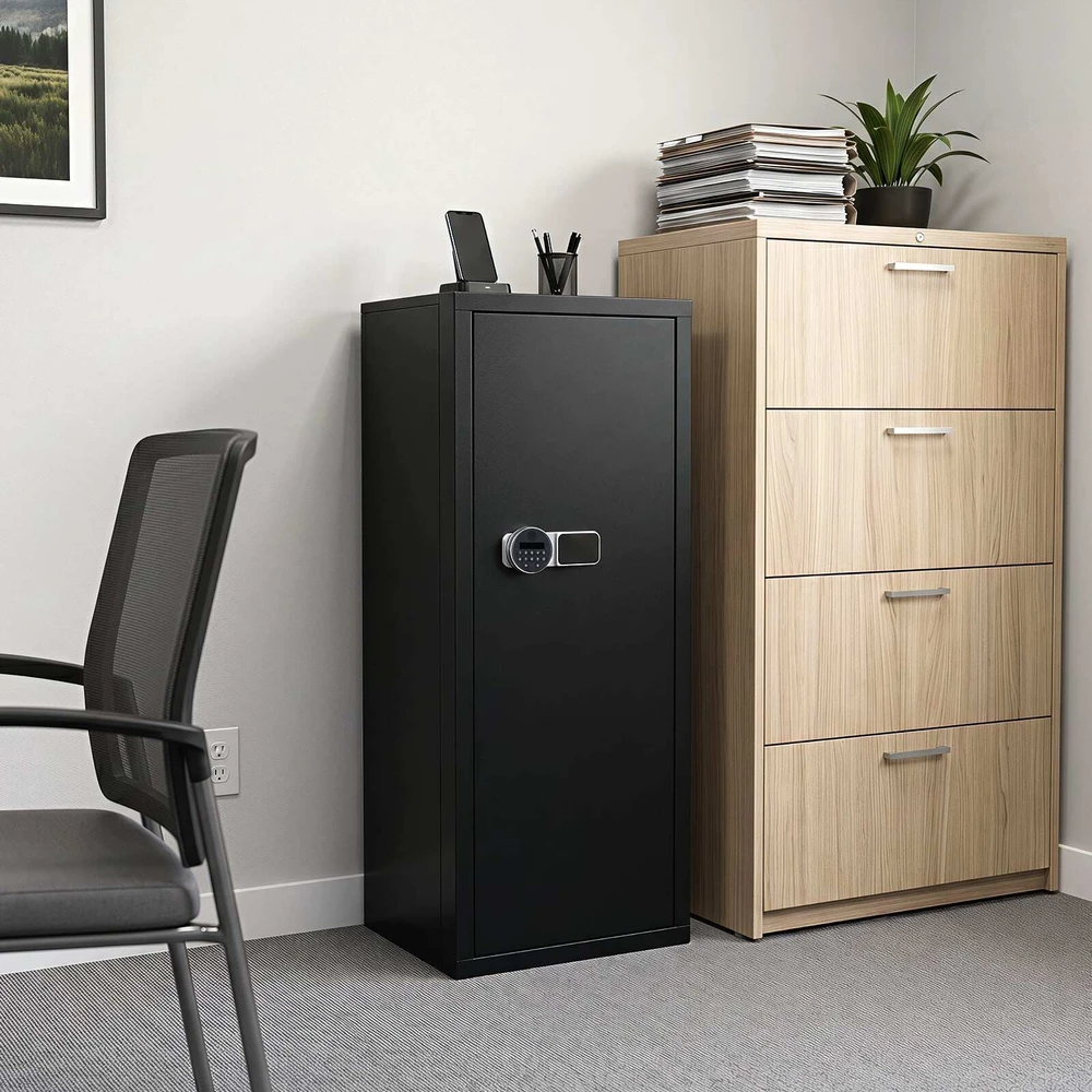 Ginklų seifas 6 ginklams su elektronine kodine spyna, juodas, 48 × 38,5 × 130 cm