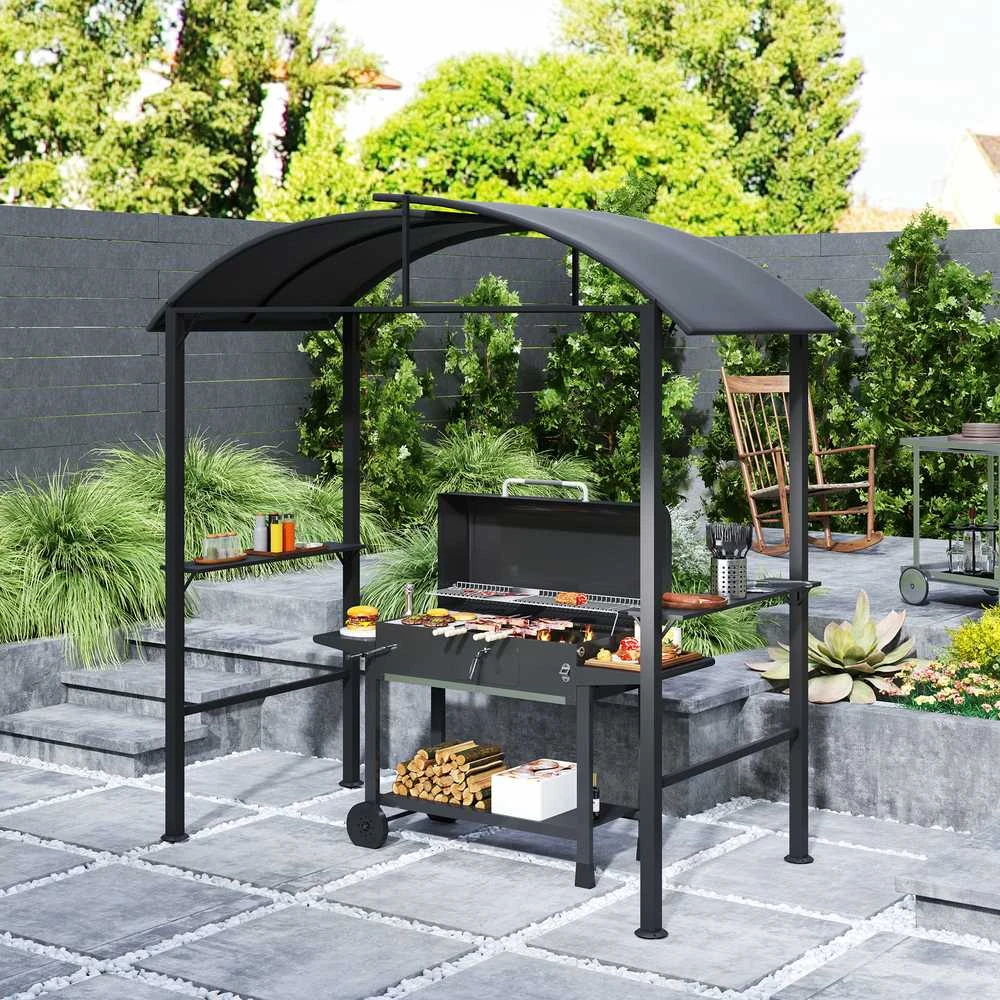 Outsunny kepsninių pavėsinė 233 x 110 x 235 cm, vėjui atspari sodo pavėsinė su dvigubu stogu, lentynomis, sodo pavėsinė su apsauga nuo UV spindulių, plieninė BBQ pavėsinė, sodo palapinė kepsninei, tamsiai pilka
