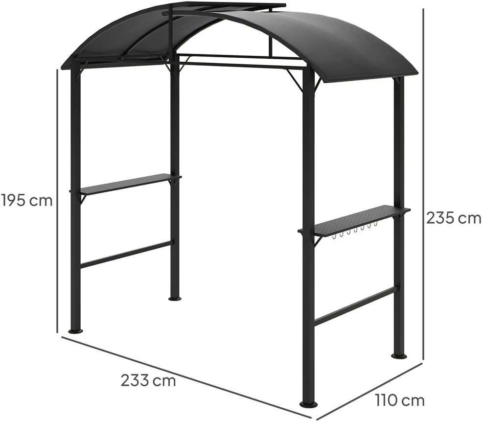 Outsunny kepsninių pavėsinė 233 x 110 x 235 cm, vėjui atspari sodo pavėsinė su dvigubu stogu, lentynomis, sodo pavėsinė su apsauga nuo UV spindulių, plieninė BBQ pavėsinė, sodo palapinė kepsninei, tamsiai pilka