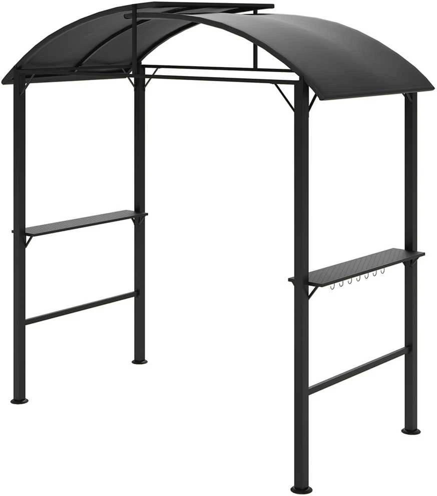 Outsunny kepsninių pavėsinė 233 x 110 x 235 cm, vėjui atspari sodo pavėsinė su dvigubu stogu, lentynomis, sodo pavėsinė su apsauga nuo UV spindulių, plieninė BBQ pavėsinė, sodo palapinė kepsninei, tamsiai pilka