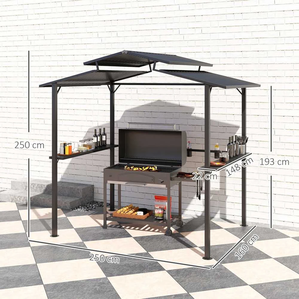 Outsunny kepsninių pavėsinė 250 x 160 x 250 cm, vandeniui atspari sodo pavėsinė su dvigubu stogu, šoninėmis lentynomis, UV apsauga, BBQ pavėsinė, sodo palapinė kepsninėms, vakarėliams, juoda
