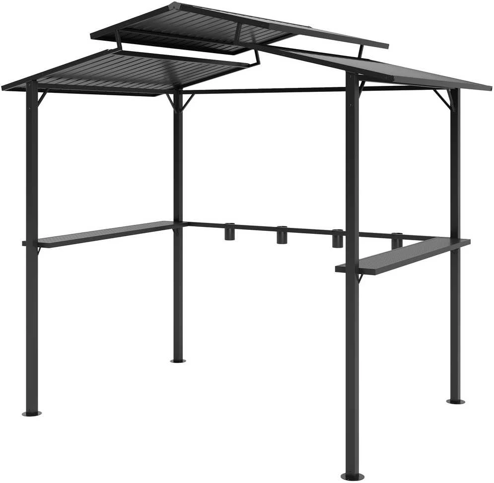 Outsunny kepsninių pavėsinė 250 x 160 x 250 cm, vandeniui atspari sodo pavėsinė su dvigubu stogu, šoninėmis lentynomis, UV apsauga, BBQ pavėsinė, sodo palapinė kepsninėms, vakarėliams, juoda