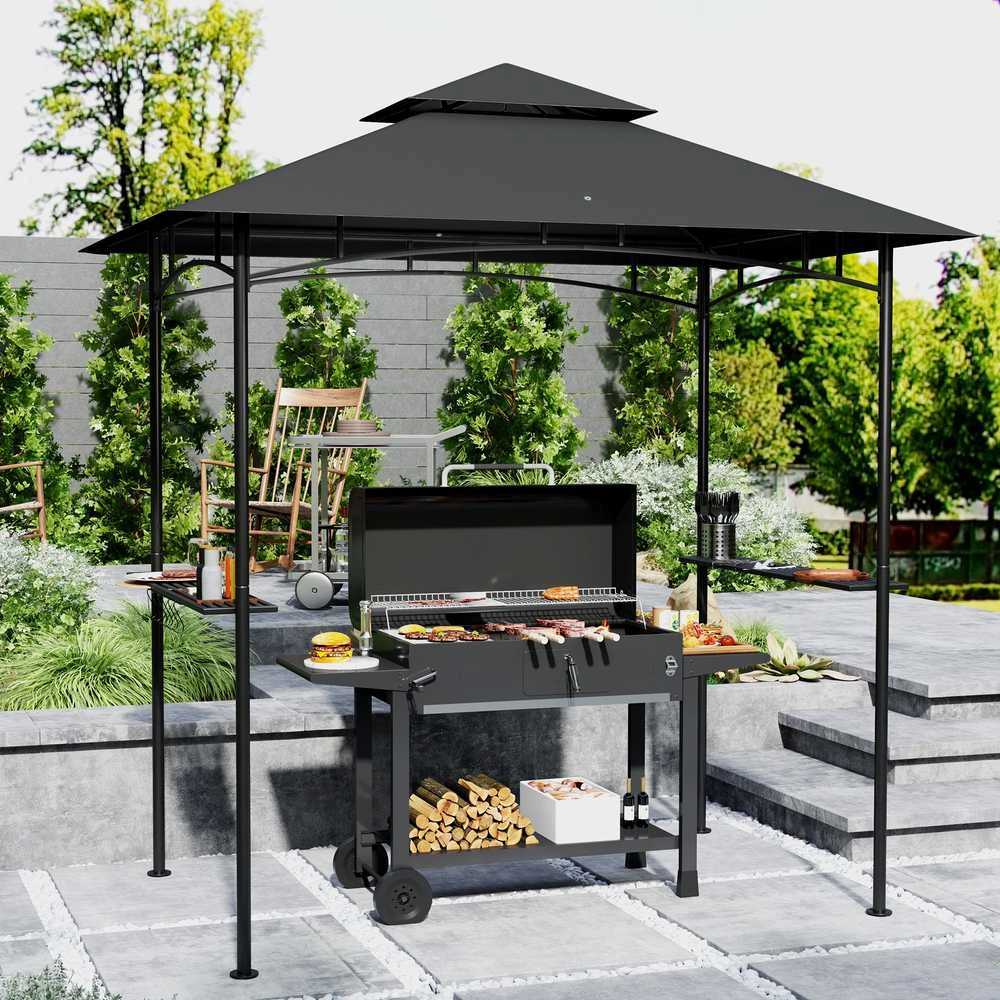 Outsunny kepsninių pavėsinė su LED apšvietimu, 240 x 150 x 258 cm, vandeniui atspari, ugniai atspari sodo pavėsinė su dvigubu stogu, šoninėmis lentynomis, UV apsauga, tamsiai pilka