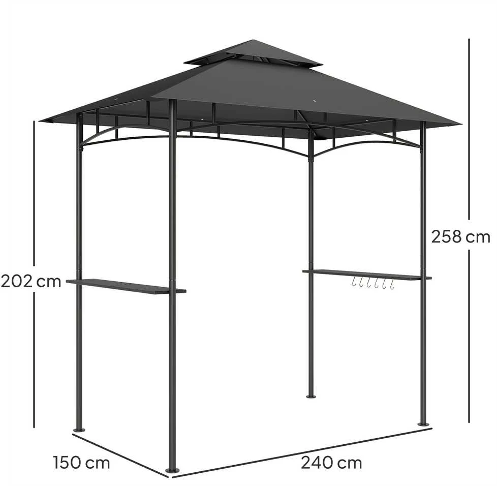 Outsunny kepsninių pavėsinė su LED apšvietimu, 240 x 150 x 258 cm, vandeniui atspari, ugniai atspari sodo pavėsinė su dvigubu stogu, šoninėmis lentynomis, UV apsauga, tamsiai pilka