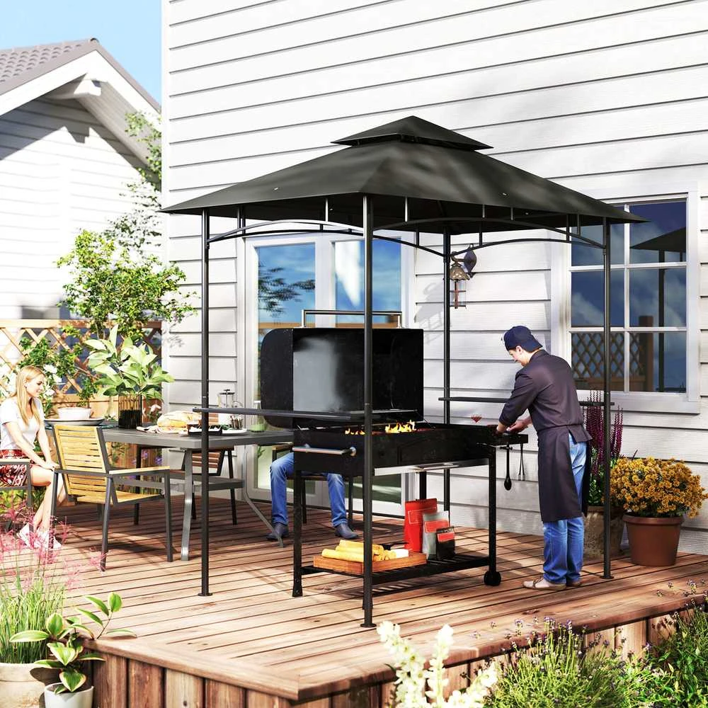 Outsunny kepsninių pavėsinė su LED apšvietimu, 240 x 150 x 258 cm, vandeniui atspari, ugniai atspari sodo pavėsinė su dvigubu stogu, šoninėmis lentynomis, UV apsauga, tamsiai pilka