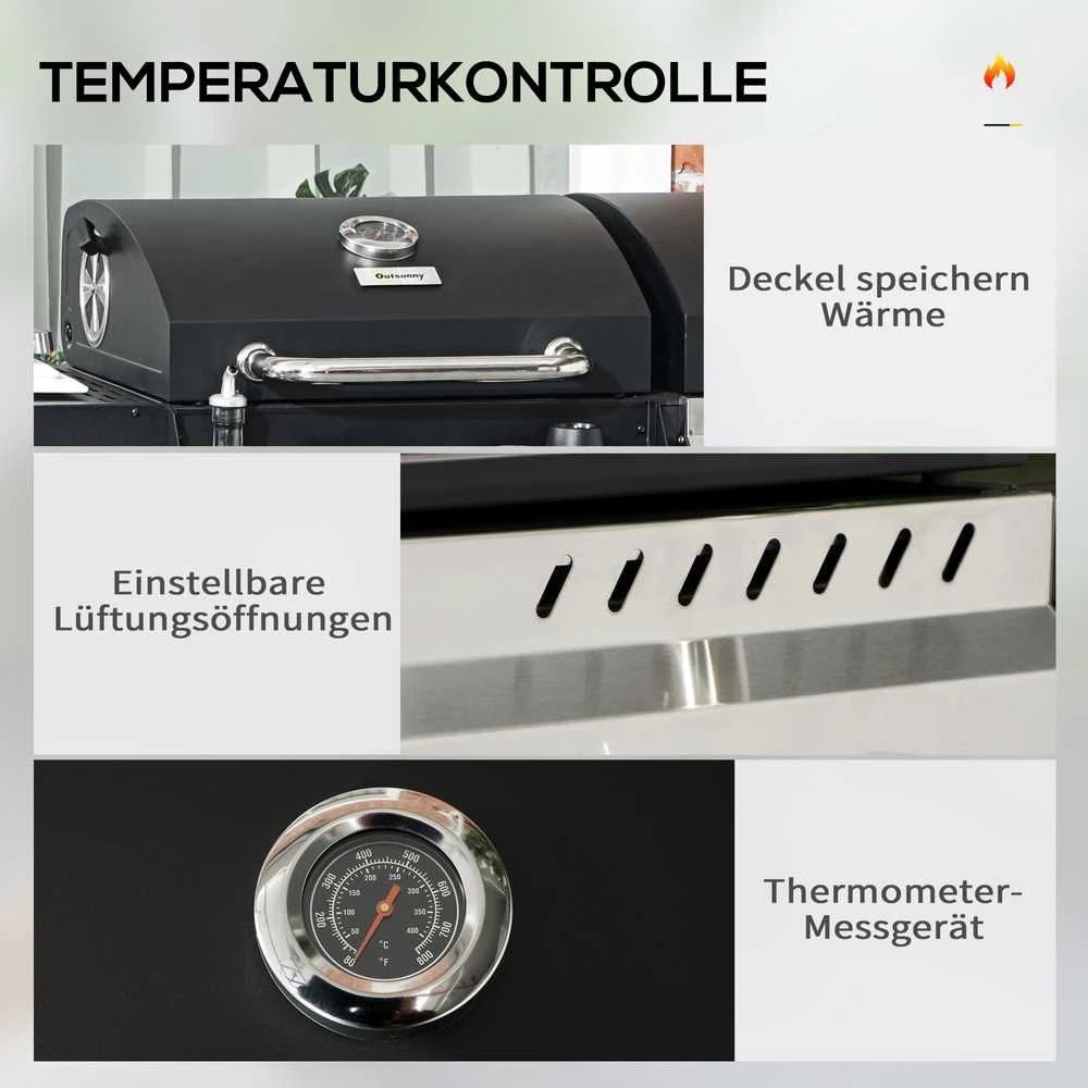 Outsunny dujinis kepsninių vežimėlis su 2+1 degikliais, termometru, 3 kW, kepsninė, lentyna, šoninė lentynėlė, kabliukai, kempingui, juodas