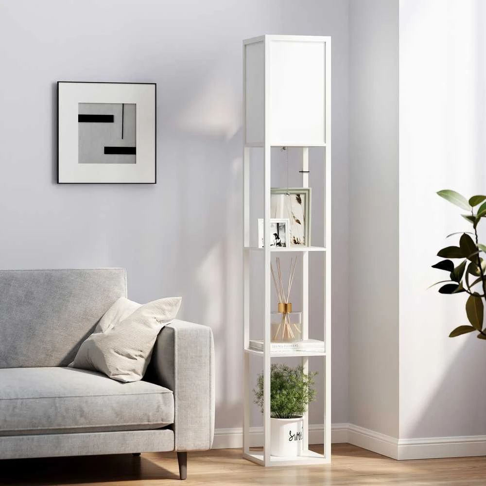 HOMCOM pastatomas šviestuvas, elegantiška lempa su 3 lentynomis, E27 iki 40W, svetainei/miegamajam, E1-MDF ir akrilas, balta, 26x26x160cm