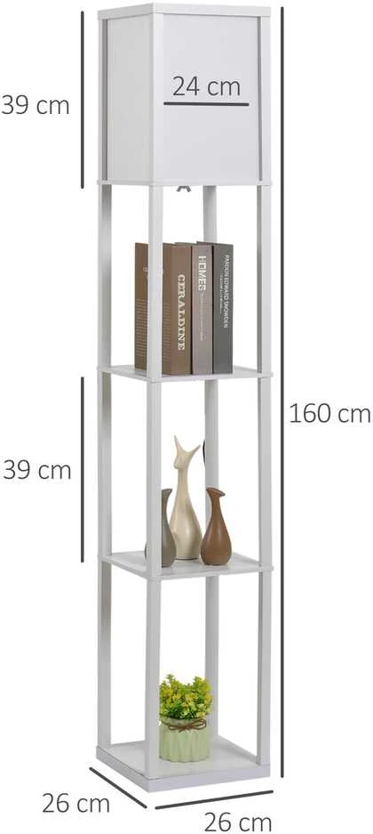 HOMCOM pastatomas šviestuvas, elegantiška lempa su 3 lentynomis, E27 iki 40W, svetainei/miegamajam, E1-MDF ir akrilas, balta, 26x26x160cm