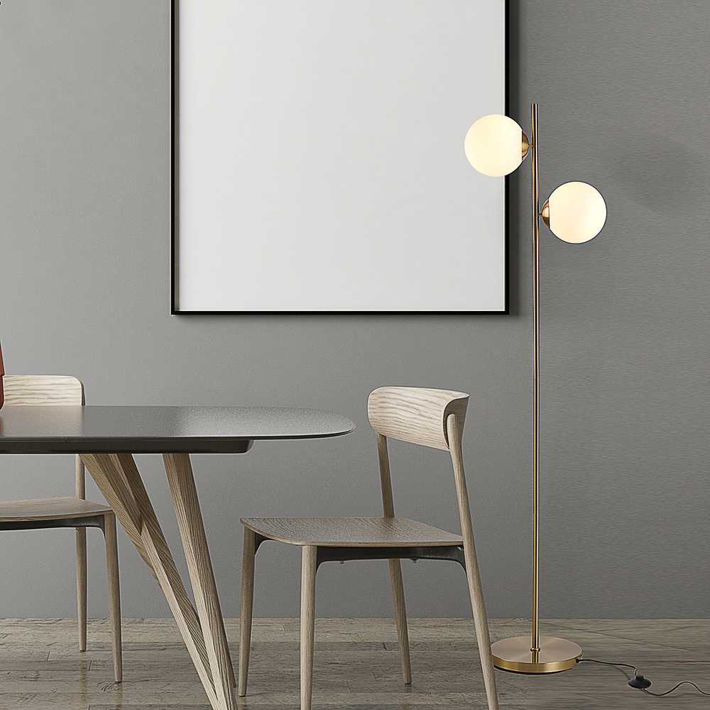 HOMCOM pastatomas šviestuvas, toršeras, 2 stikliniai gaubtai, plienas ir stiklas, 39 x 28 x 165 cm (auksinis + baltas)