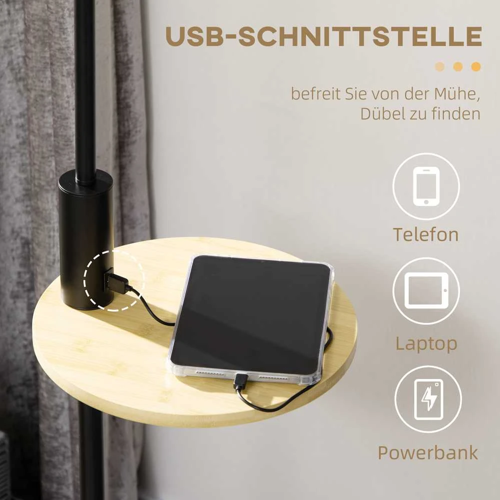HOMCOM toršeras, pastatoma lempa su lentynėle, 40 W lempa su USB jungtimi, pastatomas šviestuvas, plienas, kreminė spalva, Ø40 x 168 cm, lemputė nepridedama