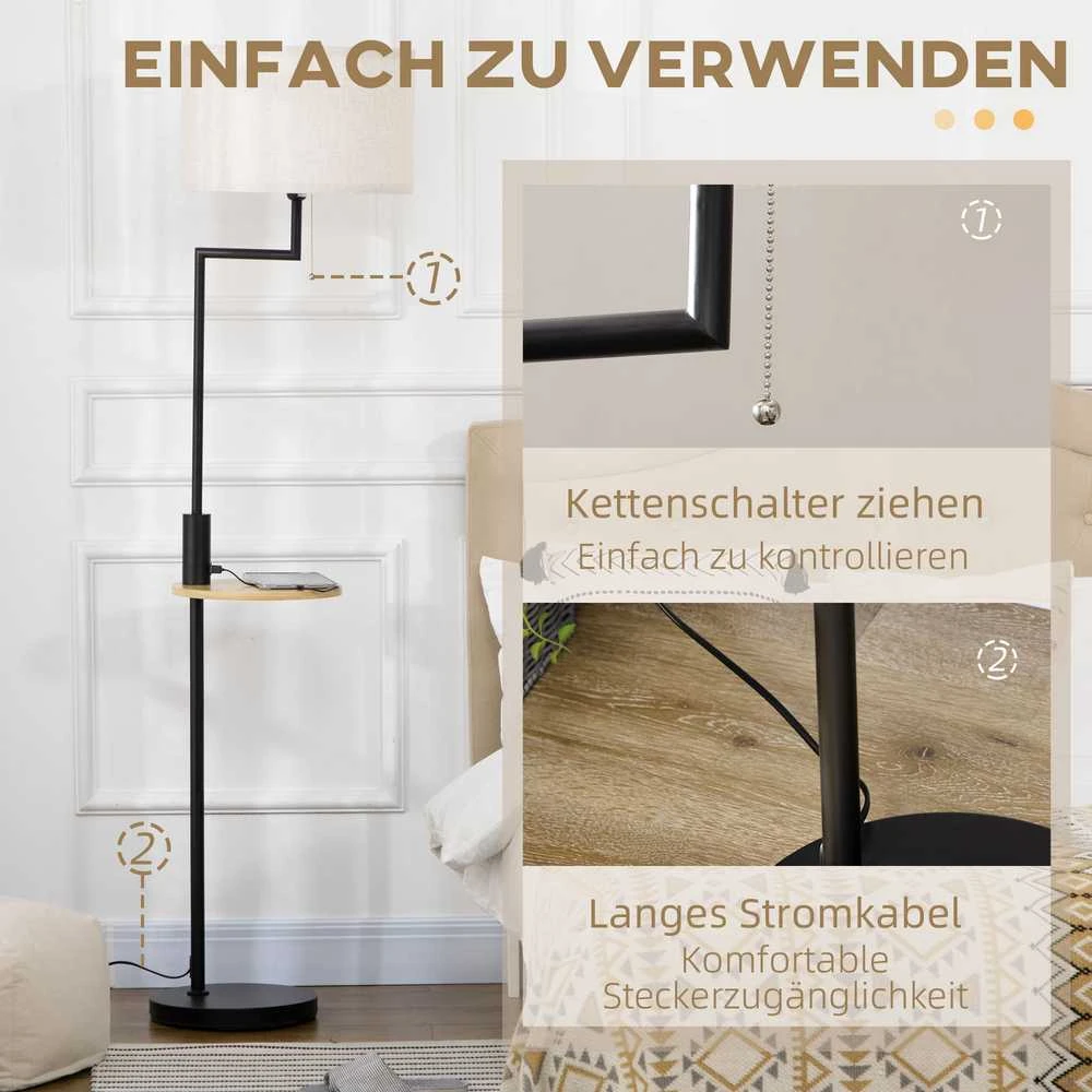 HOMCOM toršeras, pastatoma lempa su lentynėle, 40 W lempa su USB jungtimi, pastatomas šviestuvas, plienas, kreminė spalva, Ø40 x 168 cm, lemputė nepridedama