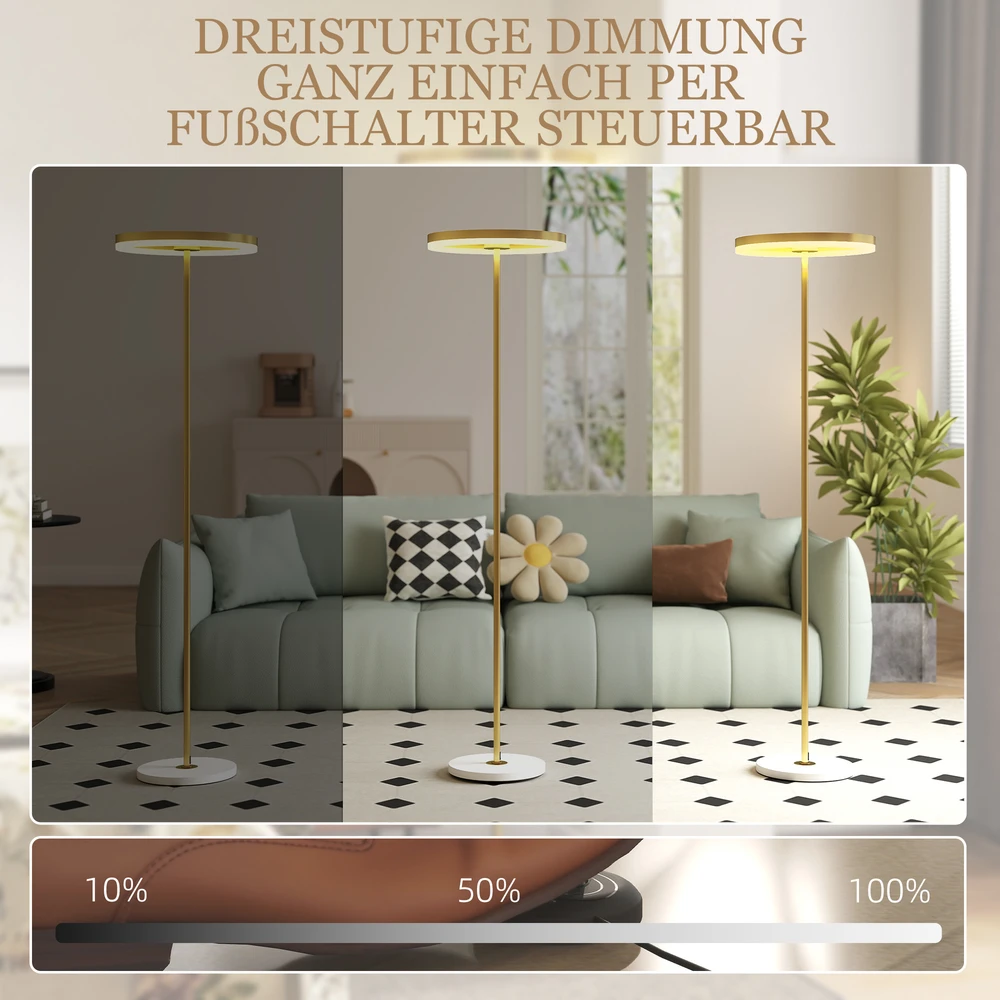 HOMCOM toršeras LED svetainės reguliuojamo ryškumo šviestuvas su 3 šviesos lygiais, kojiniu jungikliu, metaliniu stovu, akriliniu gaubtu miegamajam, biurui, auksinis