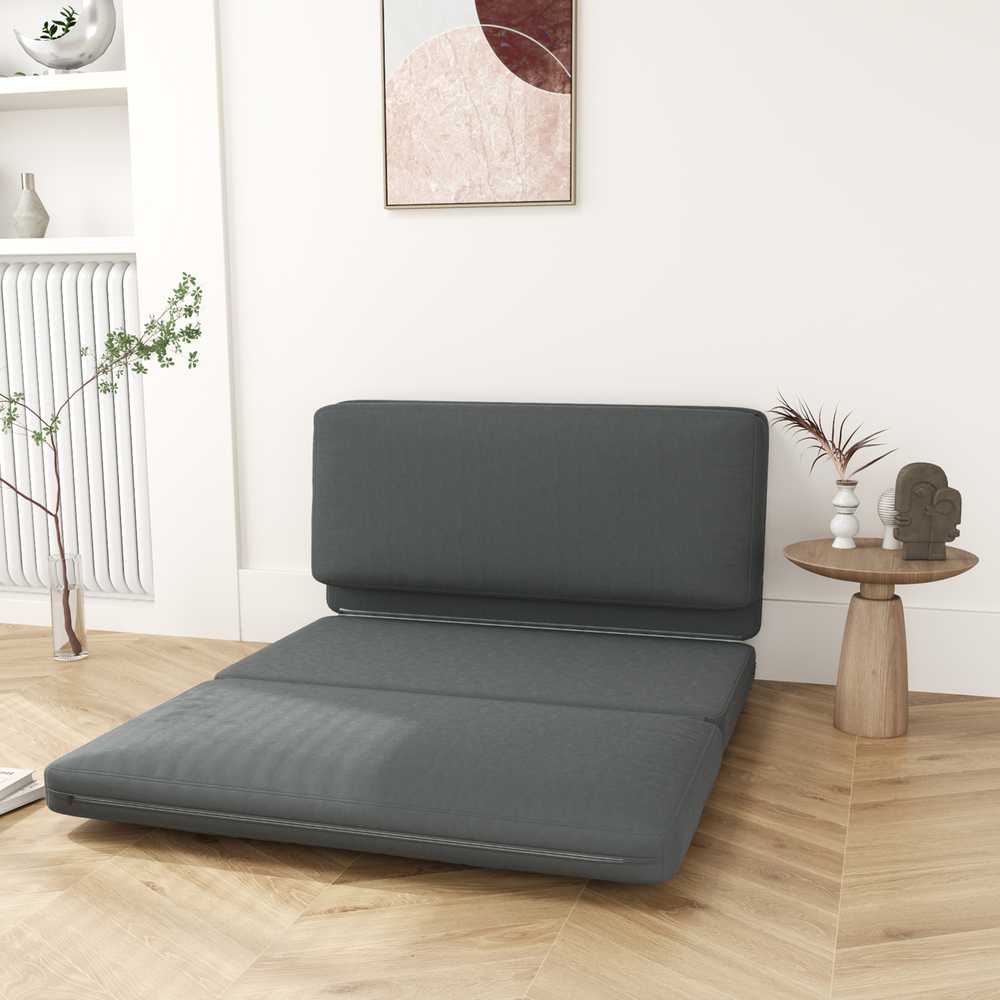 Fotelis HOMCOM 3-in-1 sulankstoma grindų sofa su aksomo efektu, paminkštinta sofa-lova, išlaikanti iki 240 kg, miegamajam, svetainei, tamsiai pilka