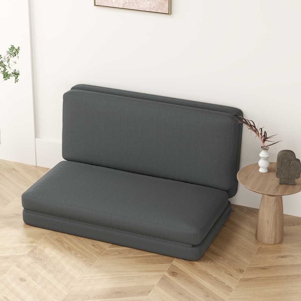 Fotelis HOMCOM 3-in-1 sulankstoma grindų sofa su aksomo efektu, paminkštinta sofa-lova, išlaikanti iki 240 kg, miegamajam, svetainei, tamsiai pilka