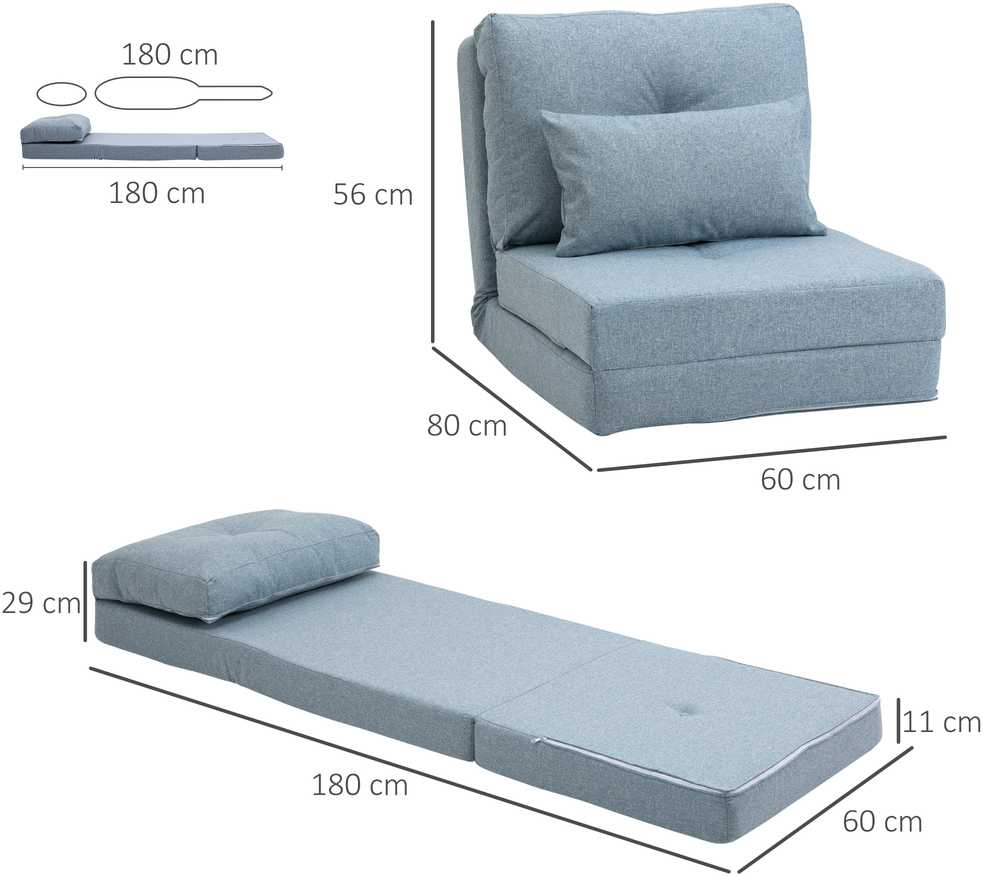 HOMCOM 2-in-1 grindų fotelis-lova su reguliuojamu atlošu, grindų sofa su dekoratyvine pagalve, skirta svetainei ar miegamajam, lininis, dangaus mėlynos spalvos