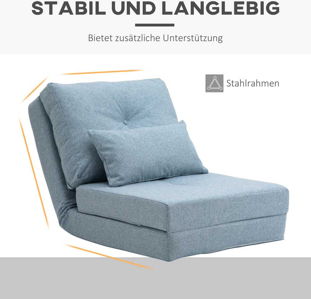 HOMCOM 2-in-1 grindų fotelis-lova su reguliuojamu atlošu, grindų sofa su dekoratyvine pagalve, skirta svetainei ar miegamajam, lininis, dangaus mėlynos spalvos