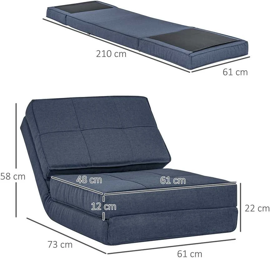 HOMCOM sulankstoma grindų sofa, fotelis-lova, grindų kėdė, 5 padėčių reguliuojama, vienvietė sofa, tamsiai mėlyna, 61 x 73 x 58 cm