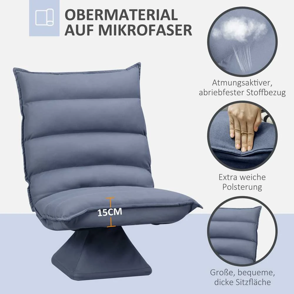 HOMCOM grindų sofa, grindų kėdė su reguliuojamu atlošu, besisukanti meditacijos kėdė, poilsio kėdė, mikropluošto audinys, pilka, 62x62x95 cm