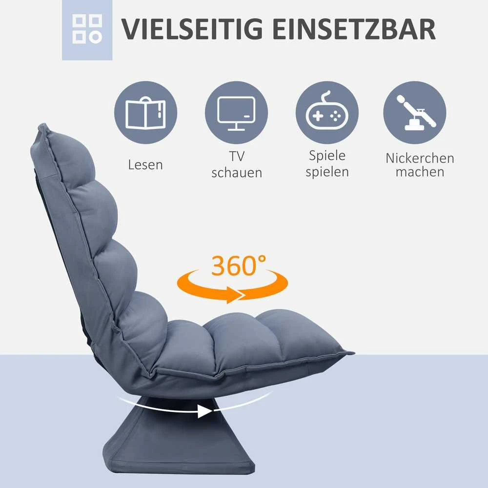 HOMCOM grindų sofa, grindų kėdė su reguliuojamu atlošu, besisukanti meditacijos kėdė, poilsio kėdė, mikropluošto audinys, pilka, 62x62x95 cm