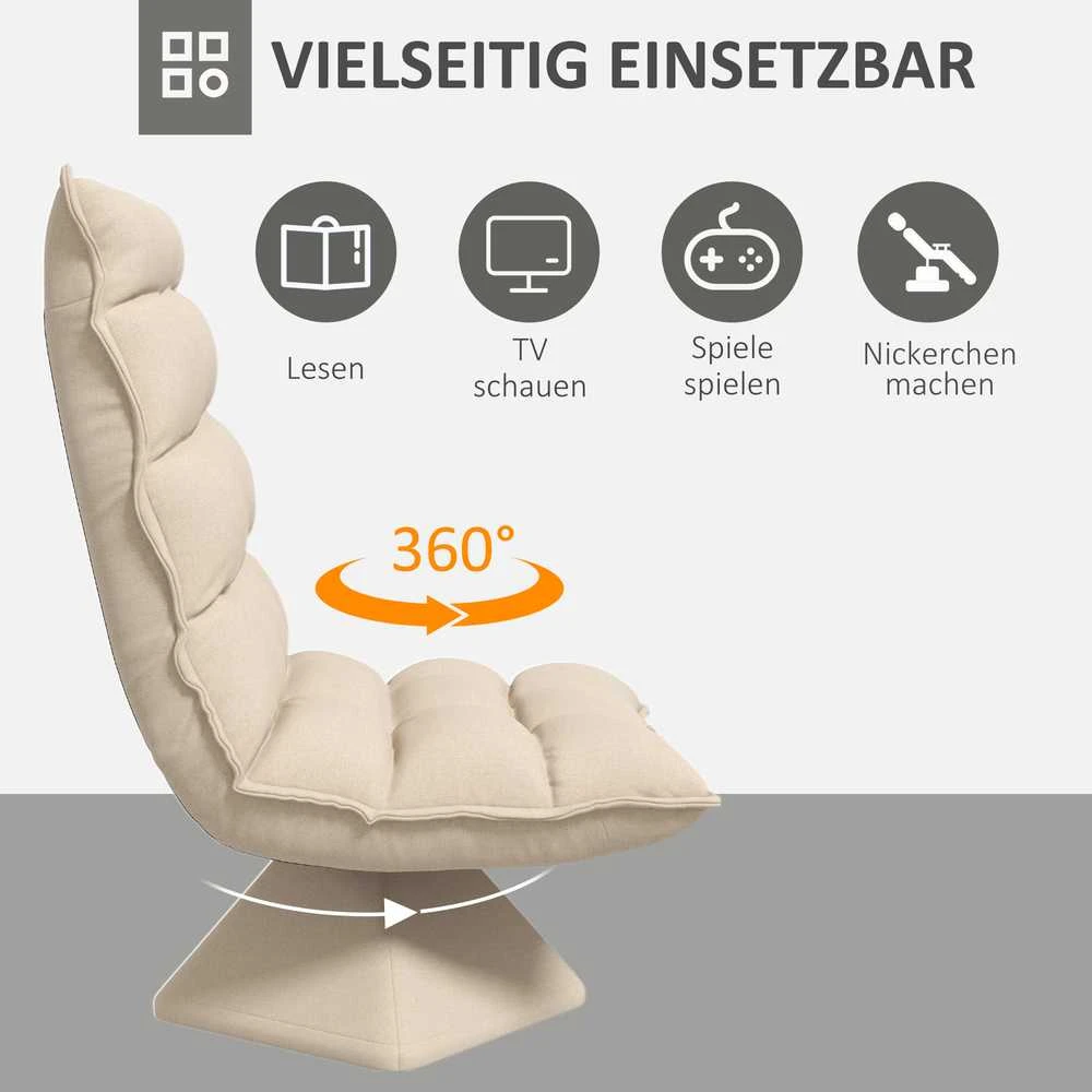 HOMCOM grindų kėdė, grindų sofa su reguliuojamu atlošu, besisukanti meditacijos kėdė su pagrindu, paminkštintas poilsio krėslas, tinginio sofa, smėlio spalvos