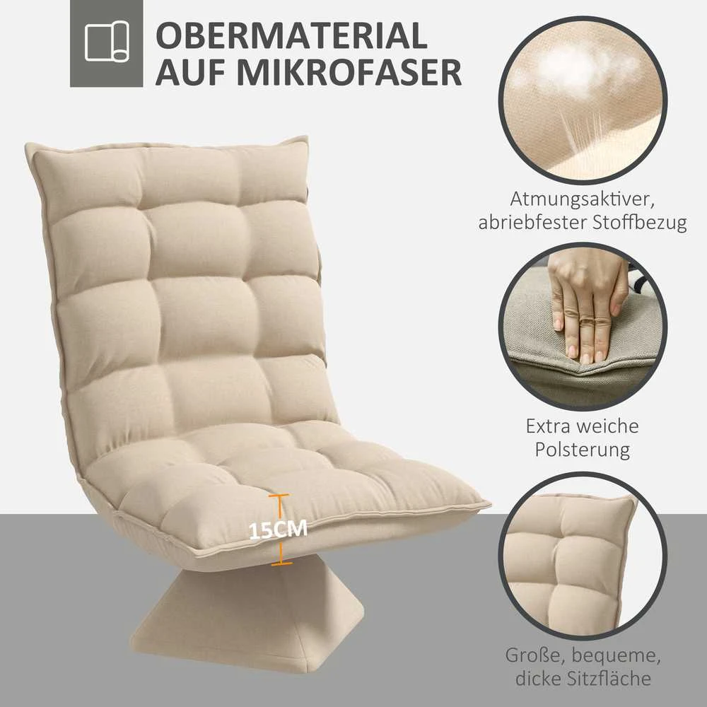 HOMCOM grindų kėdė, grindų sofa su reguliuojamu atlošu, besisukanti meditacijos kėdė su pagrindu, paminkštintas poilsio krėslas, tinginio sofa, smėlio spalvos