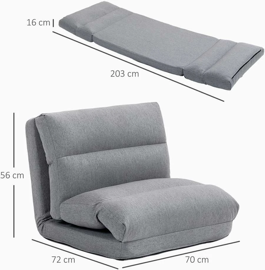 HOMCOM grindinis krėslas su 6 padėčių reguliuojamu atlošu, sulankstomas meditacijos krėslas, lininio audinio išvaizda, paminkštinta grindų sofa svetainei, miegamajam, pilkas
