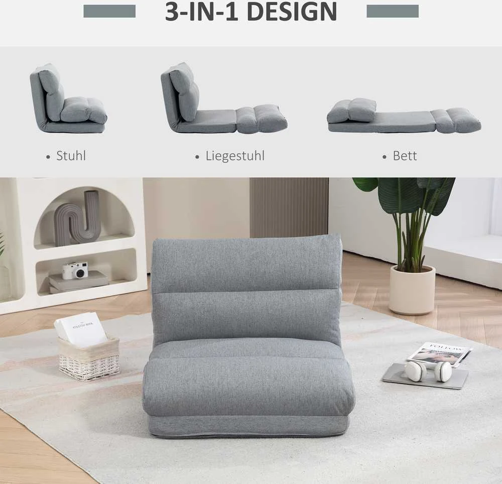 HOMCOM grindinis krėslas su 6 padėčių reguliuojamu atlošu, sulankstomas meditacijos krėslas, lininio audinio išvaizda, paminkštinta grindų sofa svetainei, miegamajam, pilkas