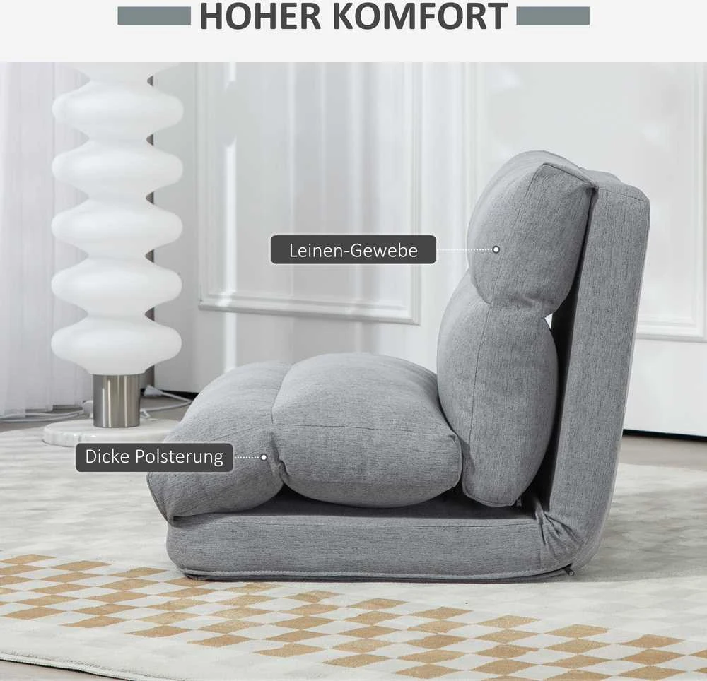 HOMCOM grindinis krėslas su 6 padėčių reguliuojamu atlošu, sulankstomas meditacijos krėslas, lininio audinio išvaizda, paminkštinta grindų sofa svetainei, miegamajam, pilkas