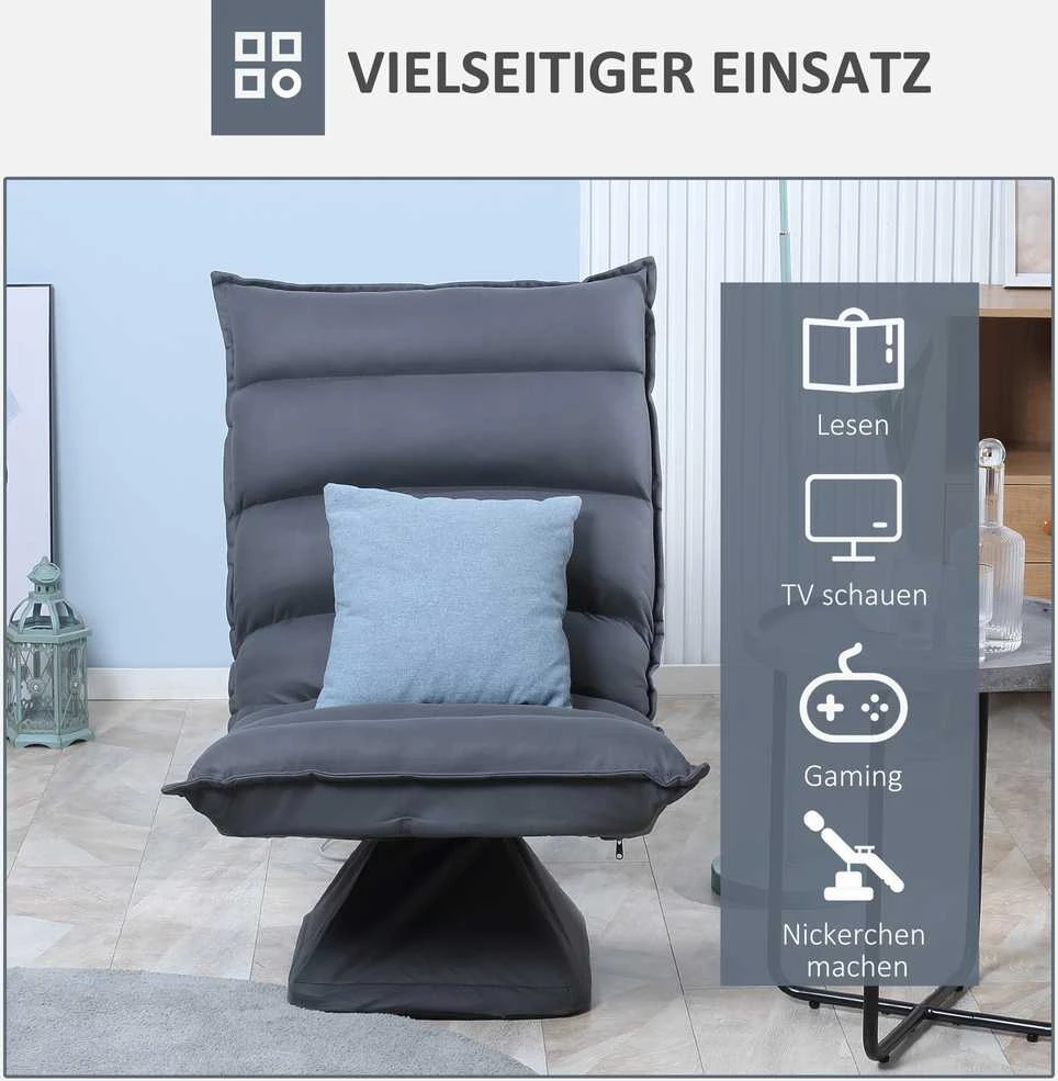 HOMCOM poilsio kėdė, grindų sofa, grindų kėdė su 360° besisukančiu pagrindu, 5 padėčių reguliuojamas atlošas, plienas, tamsiai pilka