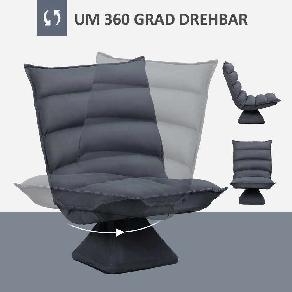 HOMCOM poilsio kėdė, grindų sofa, grindų kėdė su 360° besisukančiu pagrindu, 5 padėčių reguliuojamas atlošas, plienas, tamsiai pilka