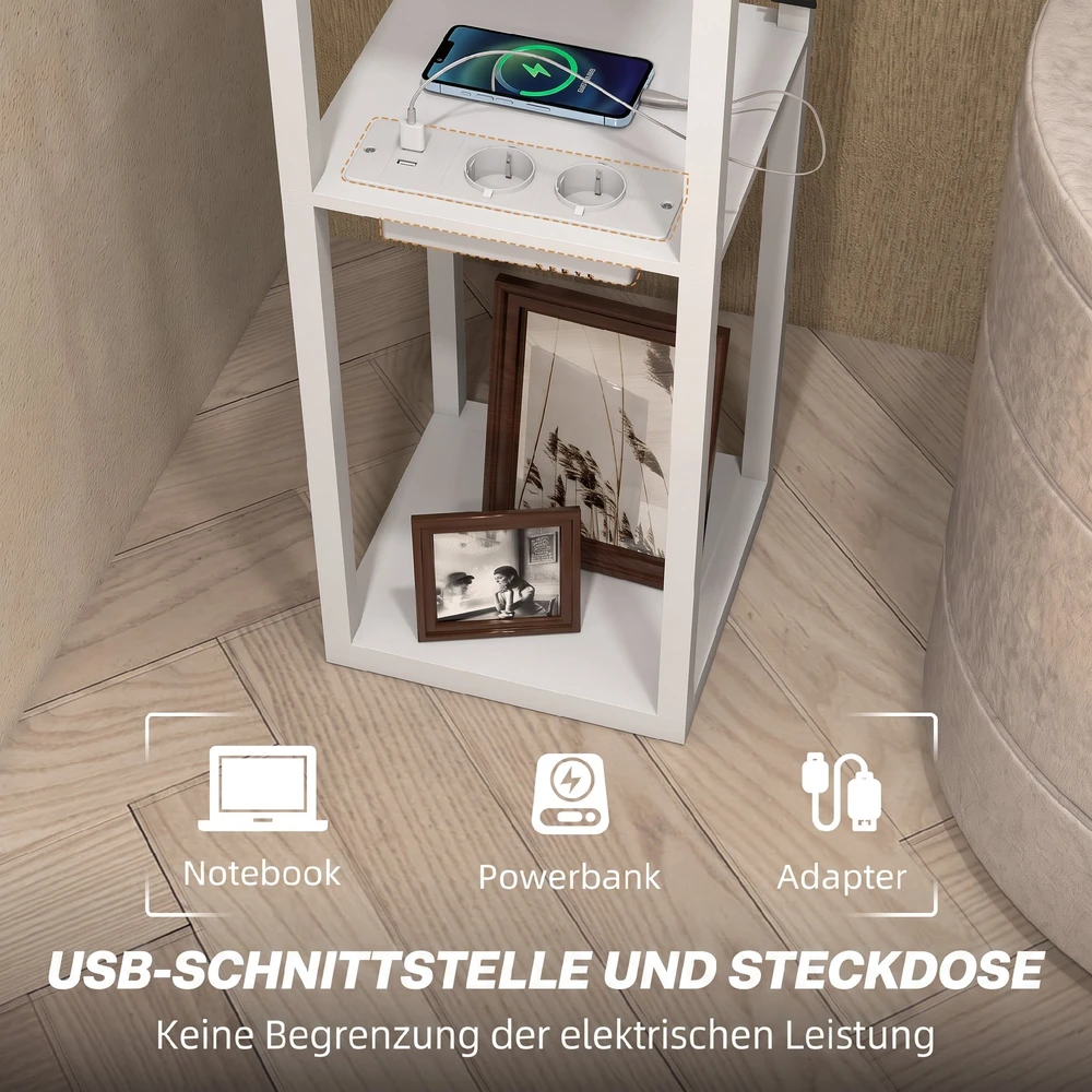 Grindinis šviestuvas su 3 lentynomis ir USB jungtimis, baltas, 26 × 26 × 159 cm