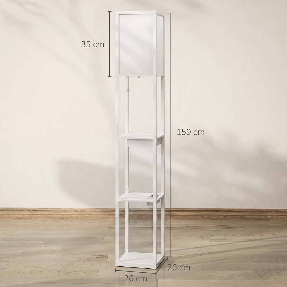 Grindinis šviestuvas su 3 lentynomis ir USB jungtimis, baltas, 26 × 26 × 159 cm