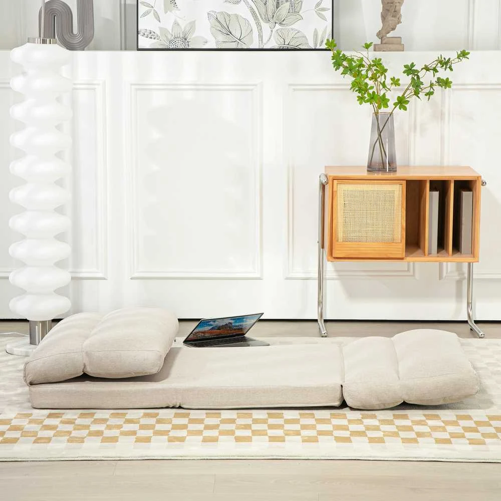 HOMCOM grindinis krėslas su 6 padėčių reguliuojamu atlošu, sulankstoma meditacijos kėdė su lino efektu, paminkštinta grindų sofa svetainei, miegamajam, smėlio spalvos