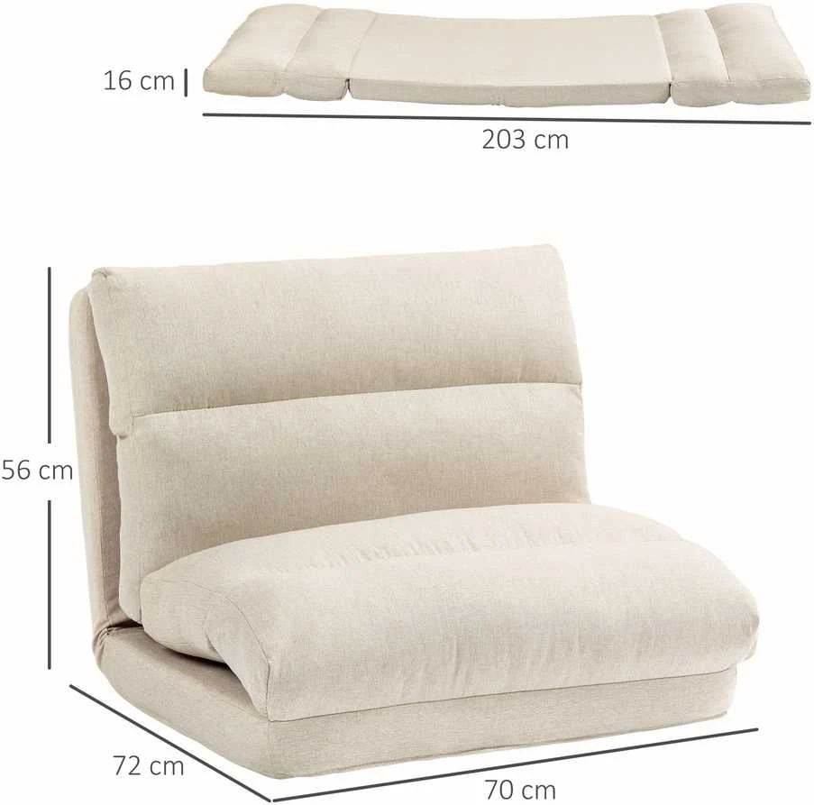 HOMCOM grindinis krėslas su 6 padėčių reguliuojamu atlošu, sulankstoma meditacijos kėdė su lino efektu, paminkštinta grindų sofa svetainei, miegamajam, smėlio spalvos