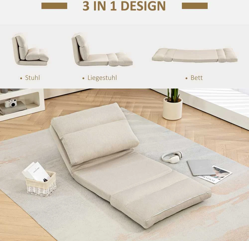 HOMCOM grindinis krėslas su 6 padėčių reguliuojamu atlošu, sulankstoma meditacijos kėdė su lino efektu, paminkštinta grindų sofa svetainei, miegamajam, smėlio spalvos