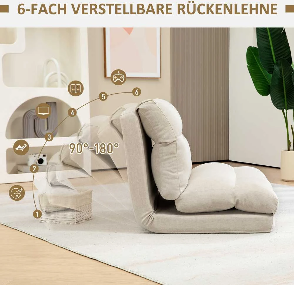 HOMCOM grindinis krėslas su 6 padėčių reguliuojamu atlošu, sulankstoma meditacijos kėdė su lino efektu, paminkštinta grindų sofa svetainei, miegamajam, smėlio spalvos