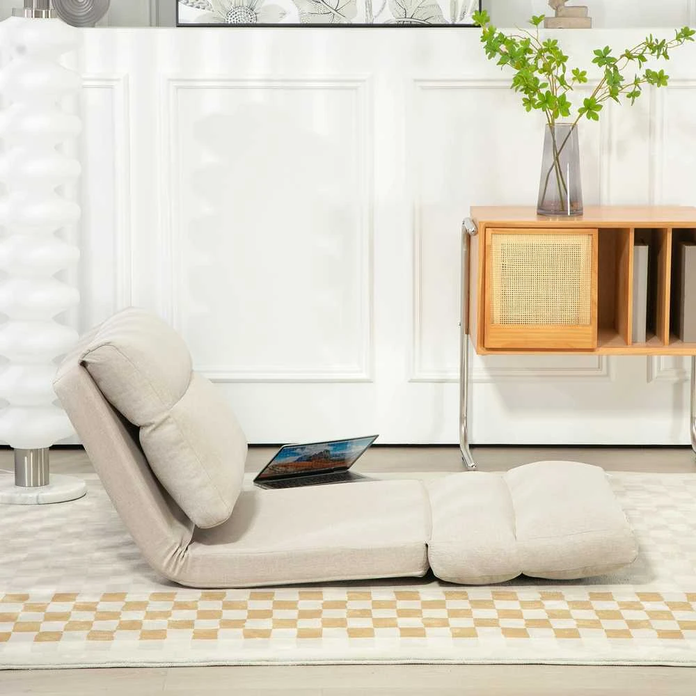 HOMCOM grindinis krėslas su 6 padėčių reguliuojamu atlošu, sulankstoma meditacijos kėdė su lino efektu, paminkštinta grindų sofa svetainei, miegamajam, smėlio spalvos