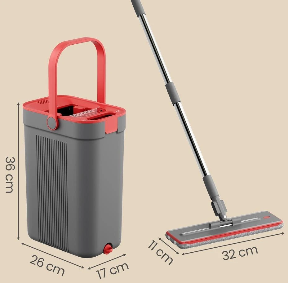 Songmics Grindų plovimo rinkinys su kibiru ir švaraus bei nešvaraus vandens atskyrimu, pilkai raudonas, 32 × 11 cm