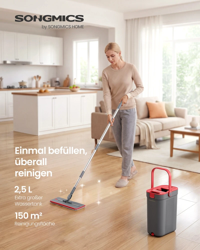 Songmics Grindų šluostės rinkinys su kibiru ir pertvara, pilkas–raudonas, 60–132 cm
